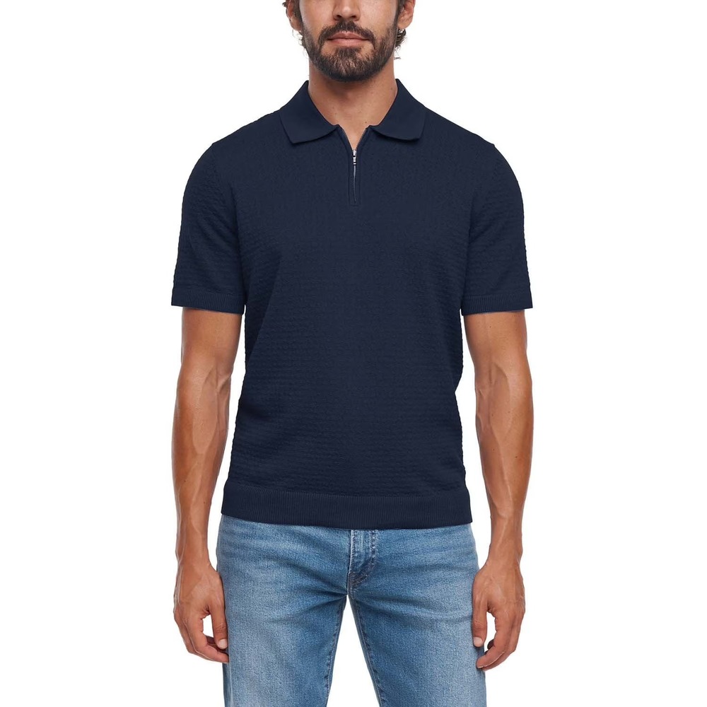 Express Mens Sweater Polo Size S Blue Textured Jacquard Zip Neck Short Sleeve